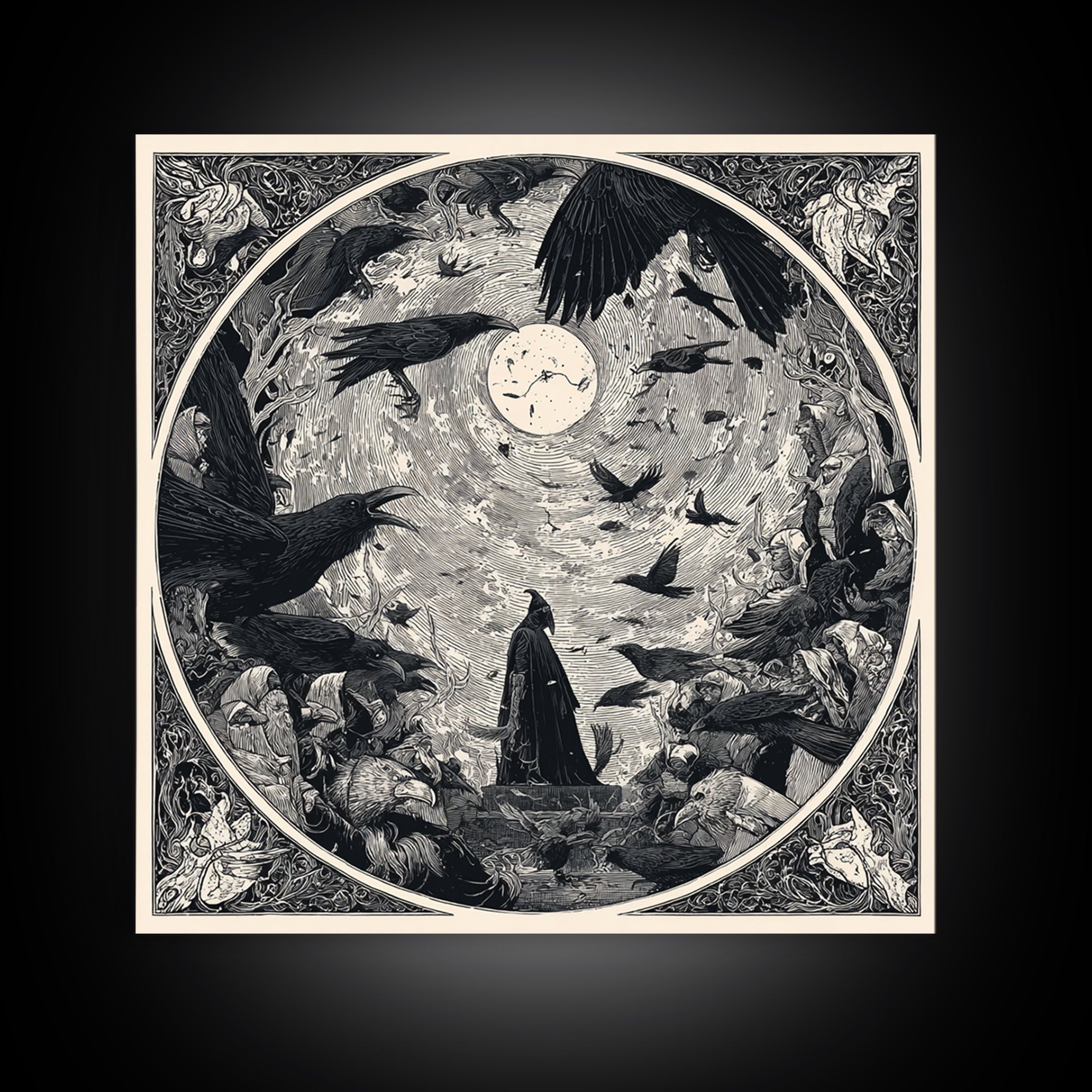The Raven Funeral, Symbolist Etching Art, Square Wall Art, Dark Halloween Decor, Framed Canvas Print, Halloween Wall Art