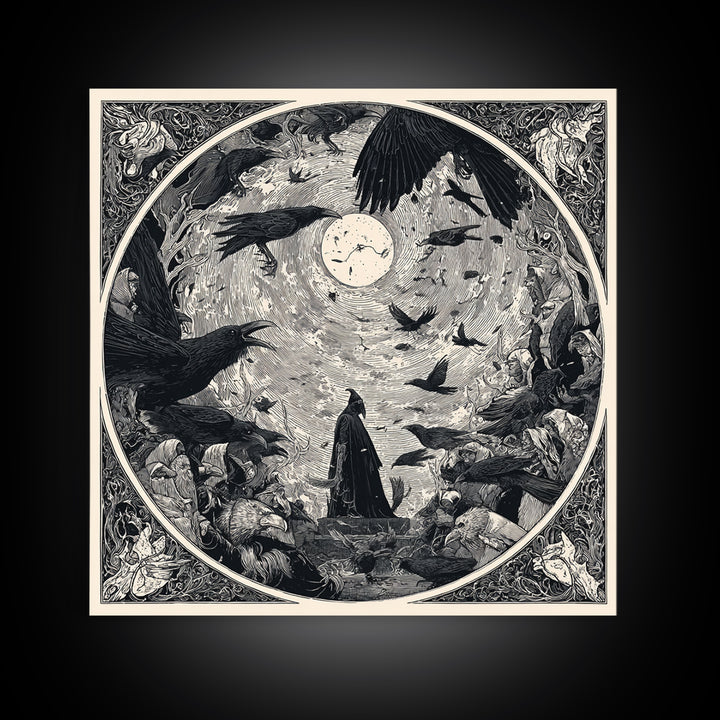 The Raven Funeral, Symbolist Etching Art, Square Wall Art, Dark Halloween Decor, Framed Canvas Print, Halloween Wall Art