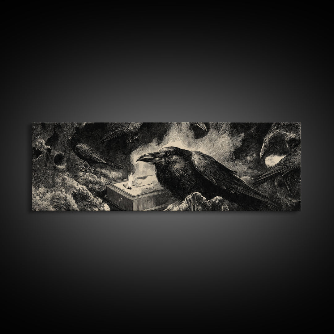 The Raven Funeral, Expressionist Nightmare Art, Extra Wide Wall Art, Gothic Horror Wall Art, Canvas Print, Halloween Wall Art