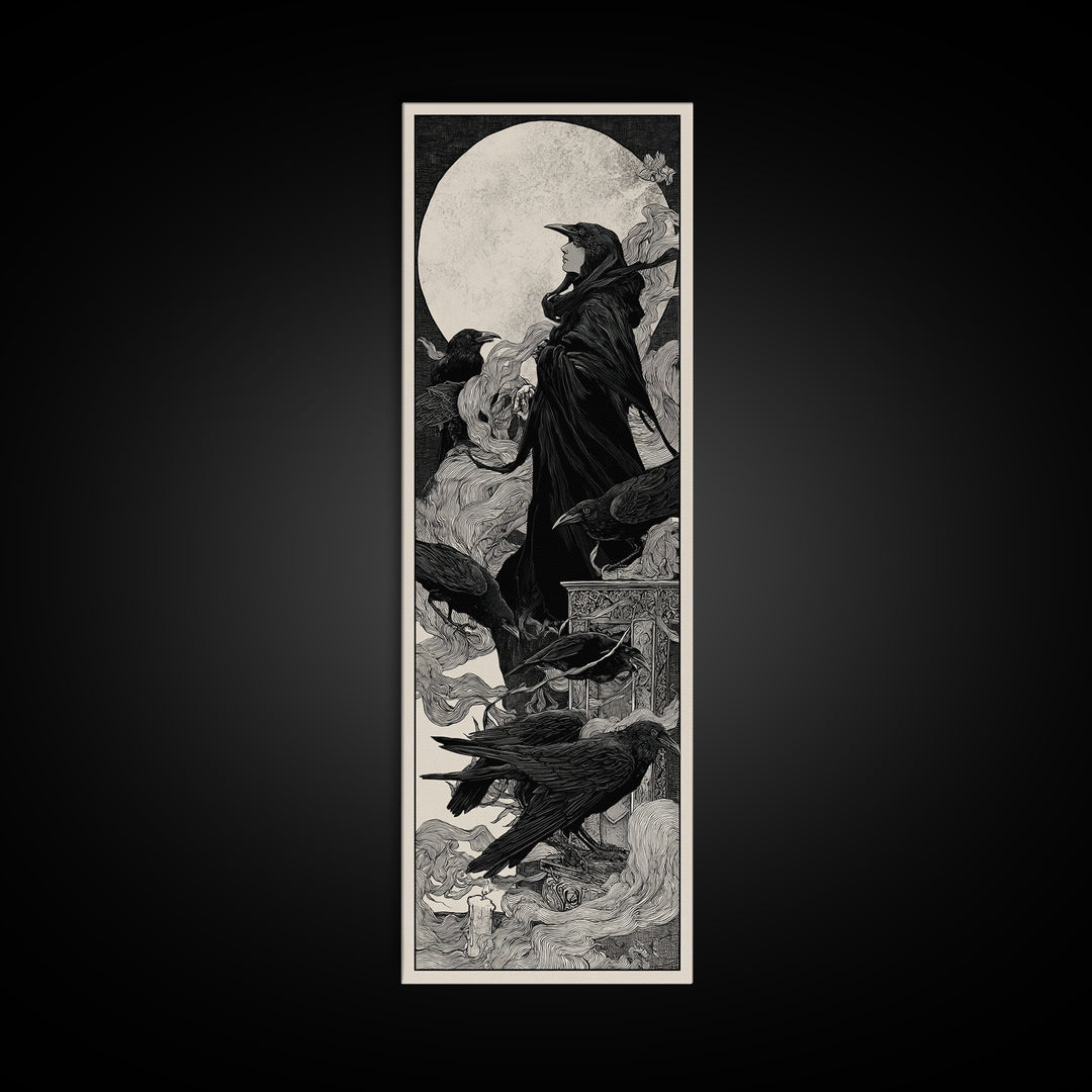 The Raven Funeral, Decadent Line Art, Tall Narrow Wall Art, Macabre Wall Art, Canvas Print, Halloween Wall Art