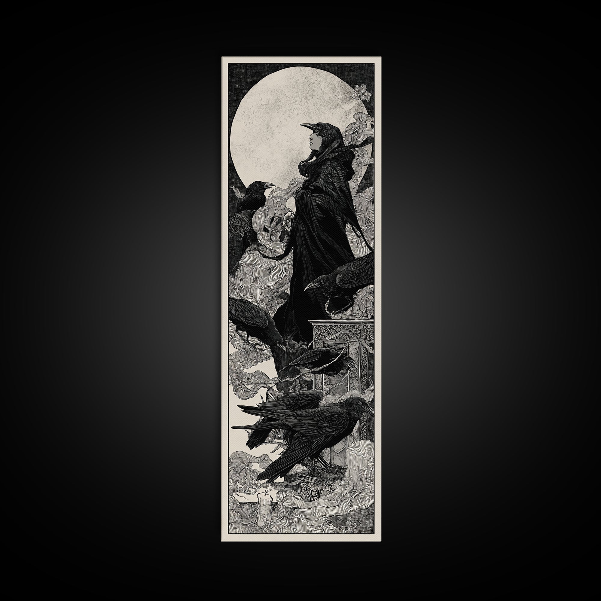 The Raven Funeral, Decadent Line Art, Tall Narrow Wall Art, Macabre Wall Art, Canvas Print, Halloween Wall Art