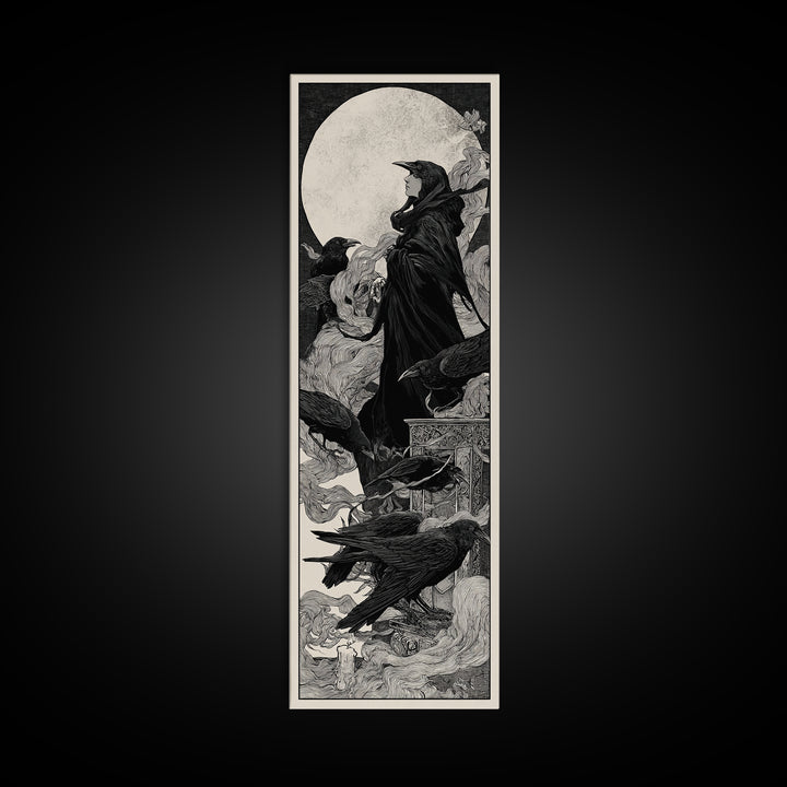 The Raven Funeral, Decadent Line Art, Tall Narrow Wall Art, Macabre Wall Art, Canvas Print, Halloween Wall Art