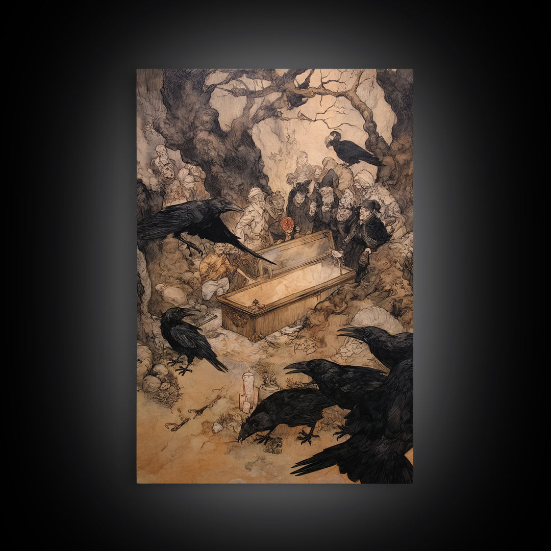 The Raven Funeral, Gothic Storybook Art, Vertical Wall Art, Macabre Wall Art, Canvas Print, Halloween Wall Art, Statement Wall Art