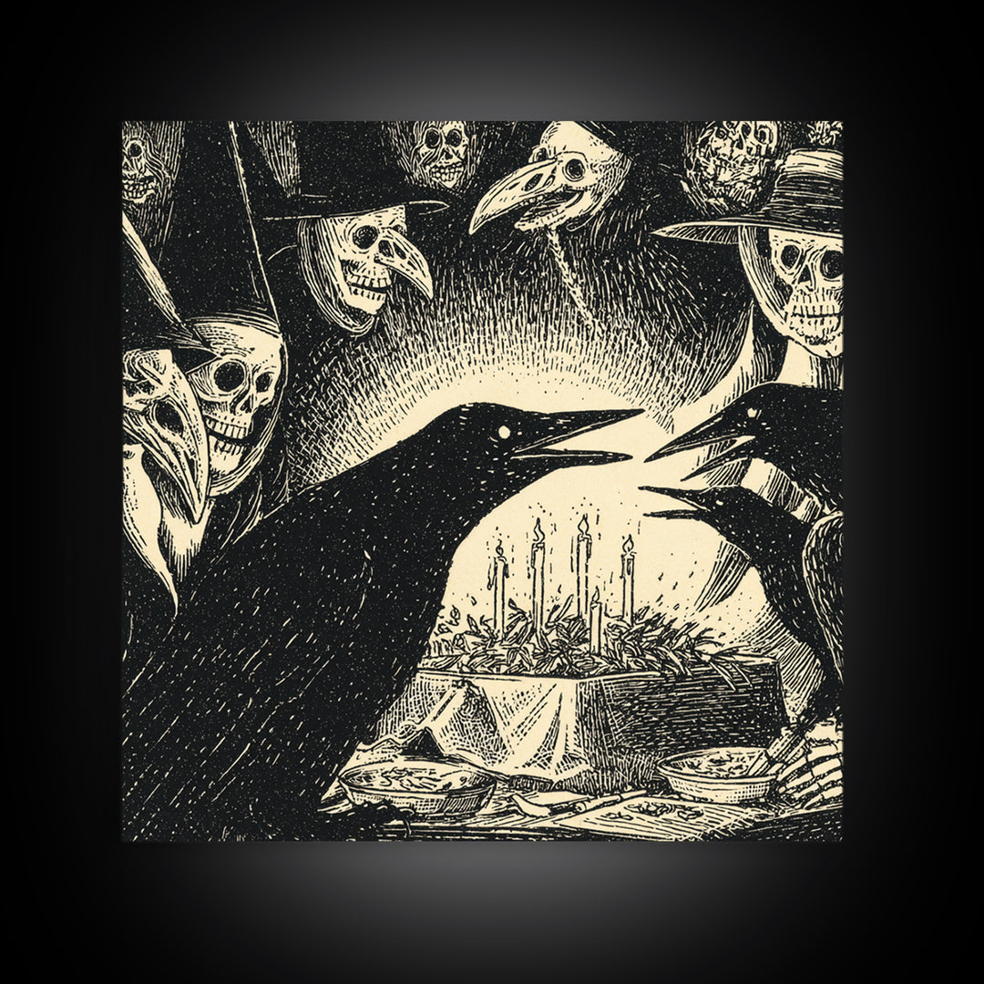 The Raven Funeral, Macabre Folk Print Art, Square Wall Art, Macabre Wall Art, Framed Canvas Print, Halloween Wall Art
