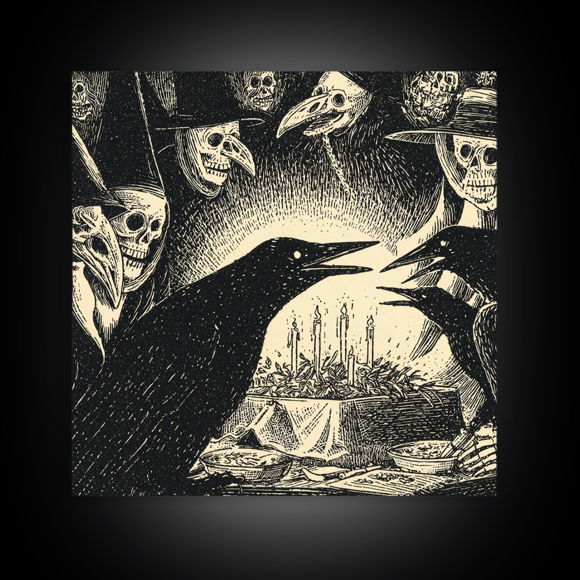 The Raven Funeral, Macabre Folk Print Art, Square Wall Art, Macabre Wall Art, Framed Canvas Print, Halloween Wall Art