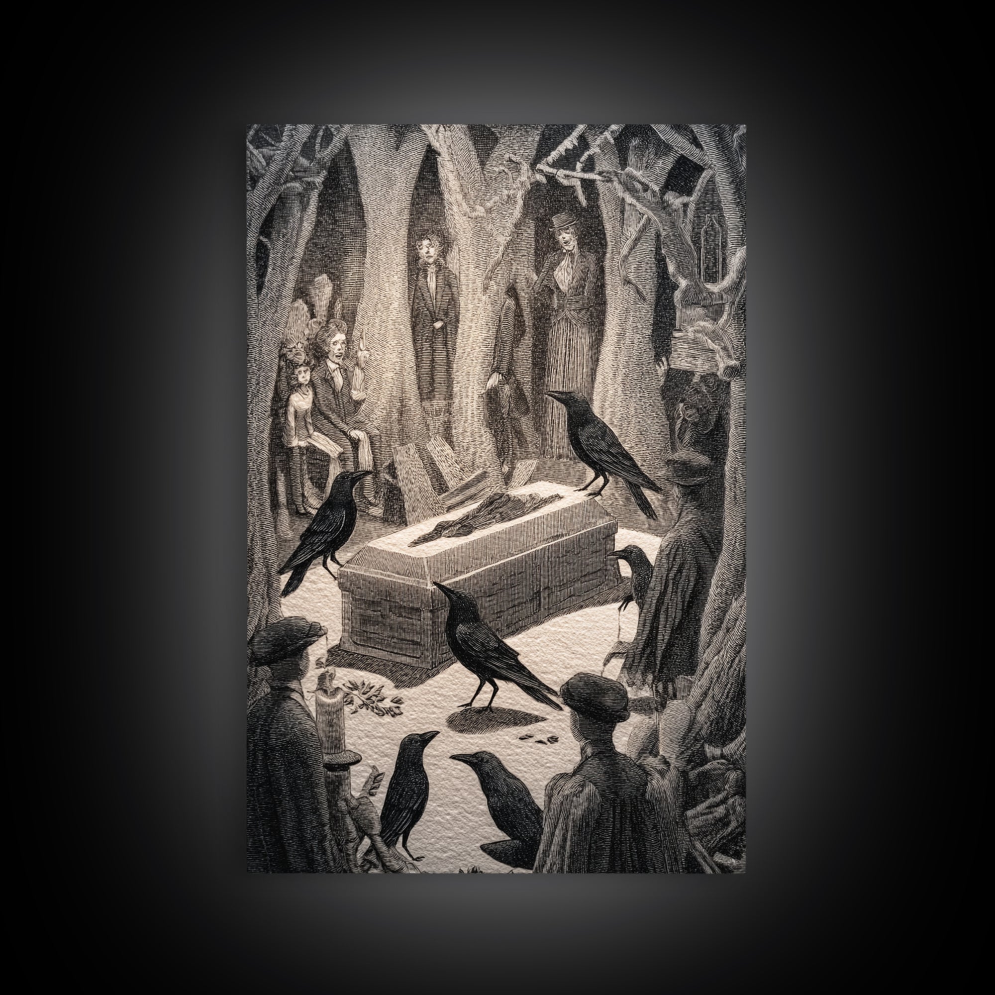 The Raven Funeral, Victorian Macabre Art, Vertical Wall Art, Gothic Horror Wall Art, Framed Canvas Print, Halloween Wall Art
