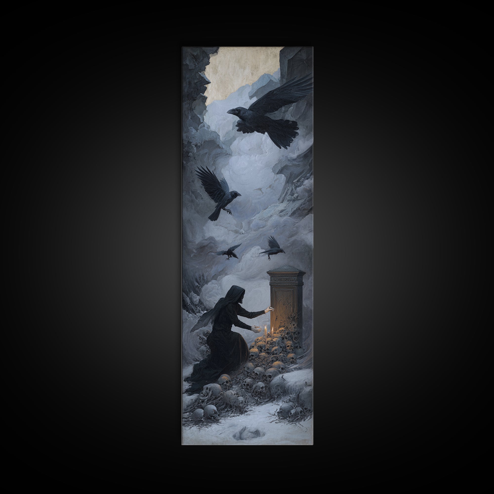 The Raven Funeral, Surreal Apocalyptic Art, Tall Narrow Wall Art, Dark Fantasy Wall Art, Framed Canvas Print, Halloween Wall Art
