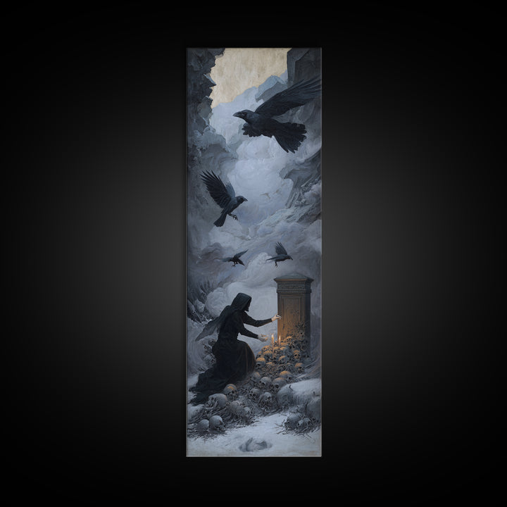 The Raven Funeral, Surreal Apocalyptic Art, Tall Narrow Wall Art, Dark Fantasy Wall Art, Framed Canvas Print, Halloween Wall Art