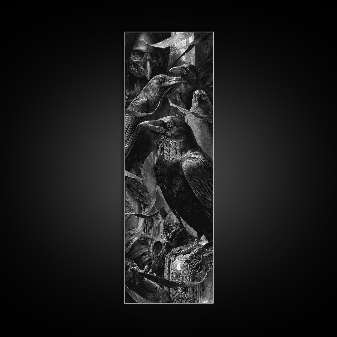 The Raven Funeral, Biomechanical Horror Art, Tall Narrow Wall Art, Macabre Wall Art, Framed Canvas Print, Halloween Wall Art