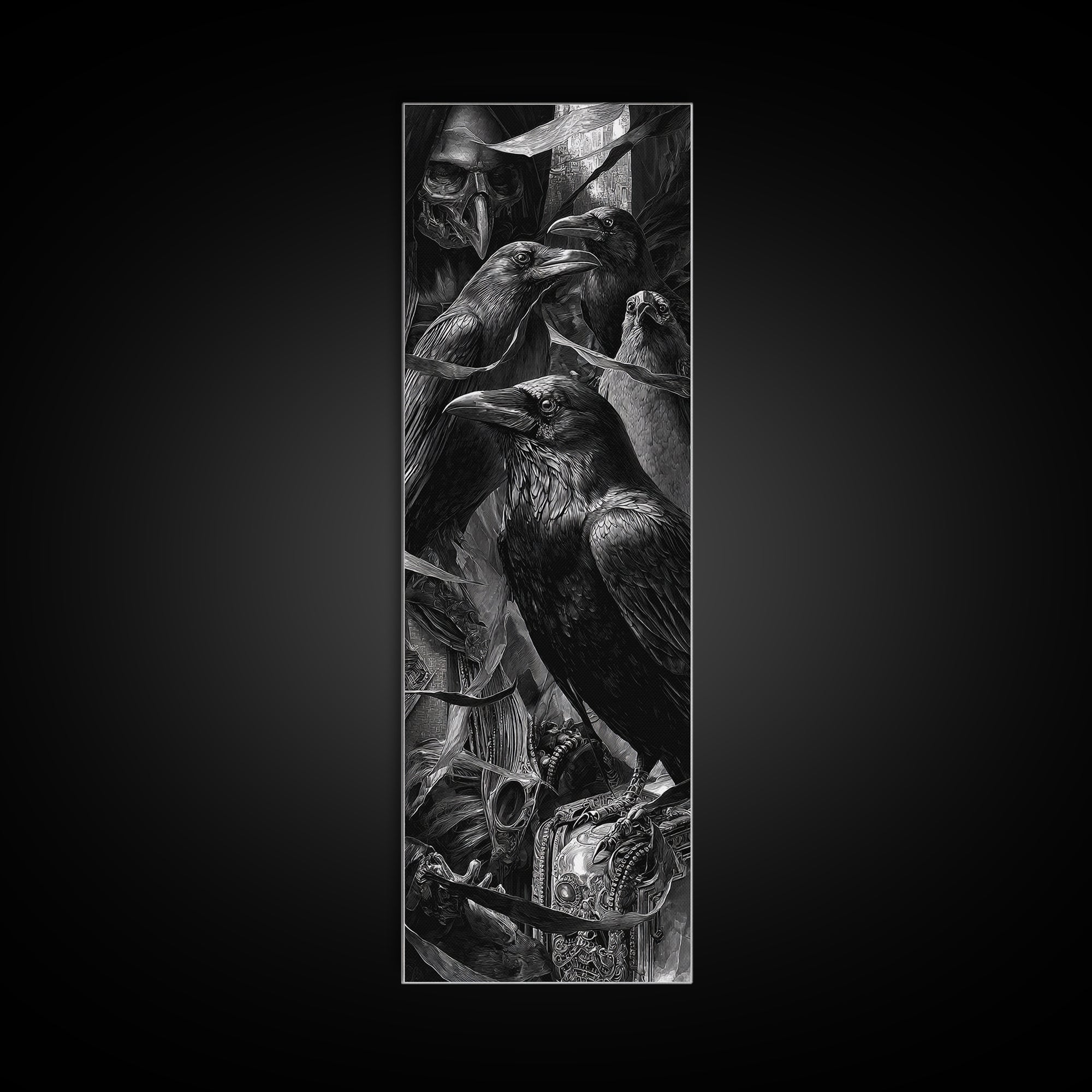 The Raven Funeral, Biomechanical Horror Art, Tall Narrow Wall Art, Macabre Wall Art, Framed Canvas Print, Halloween Wall Art