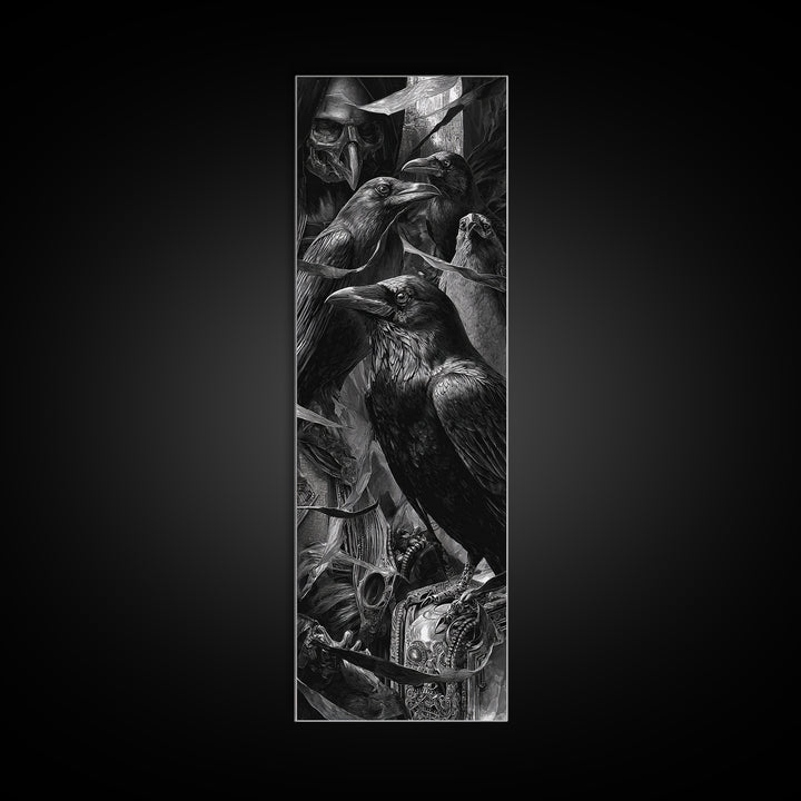 The Raven Funeral, Biomechanical Horror Art, Tall Narrow Wall Art, Macabre Wall Art, Framed Canvas Print, Halloween Wall Art