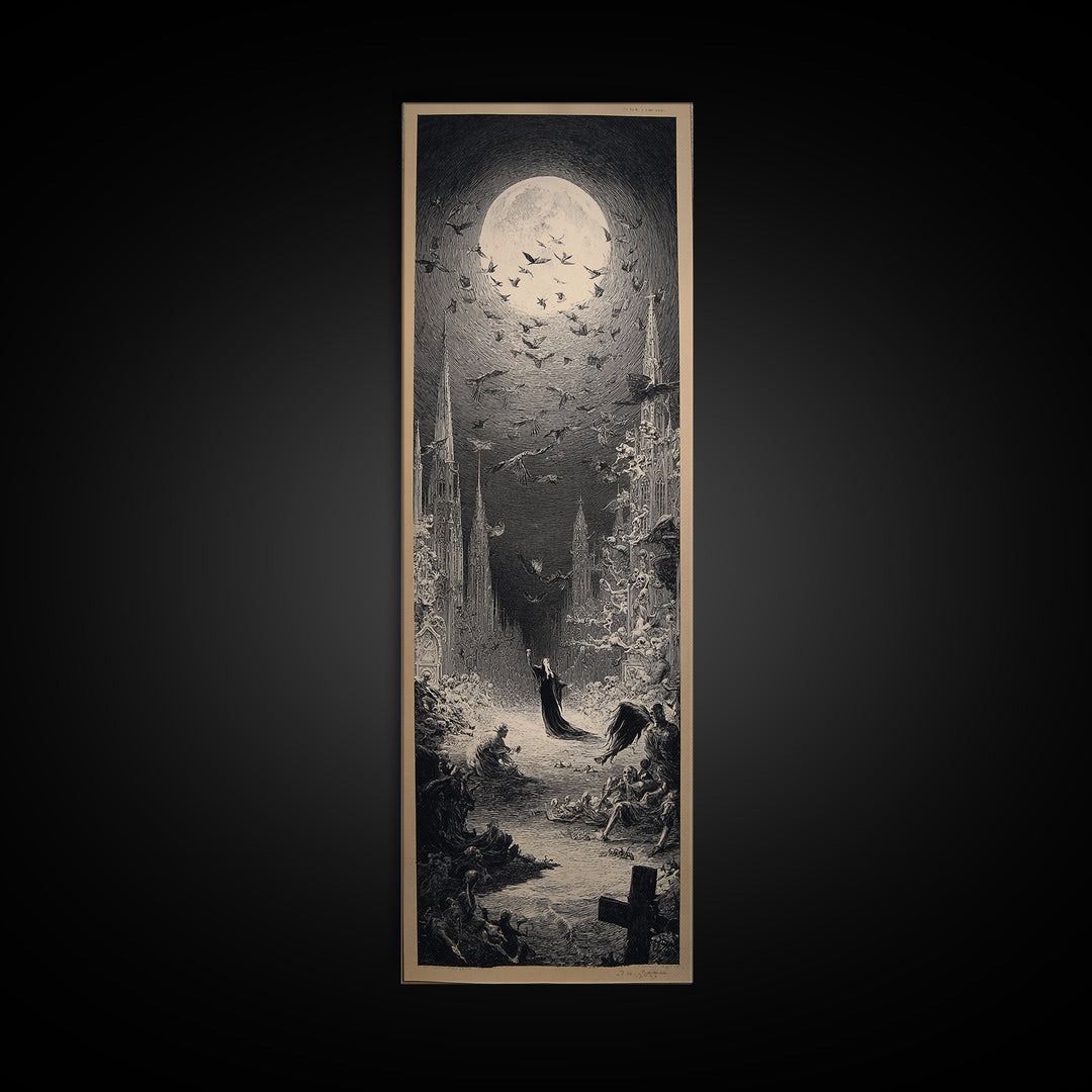 The Graveyard Dance, Gothic Engraving Art, Tall Narrow Wall Art, Dark Halloween Decor, Canvas Print, Halloween Wall Art
