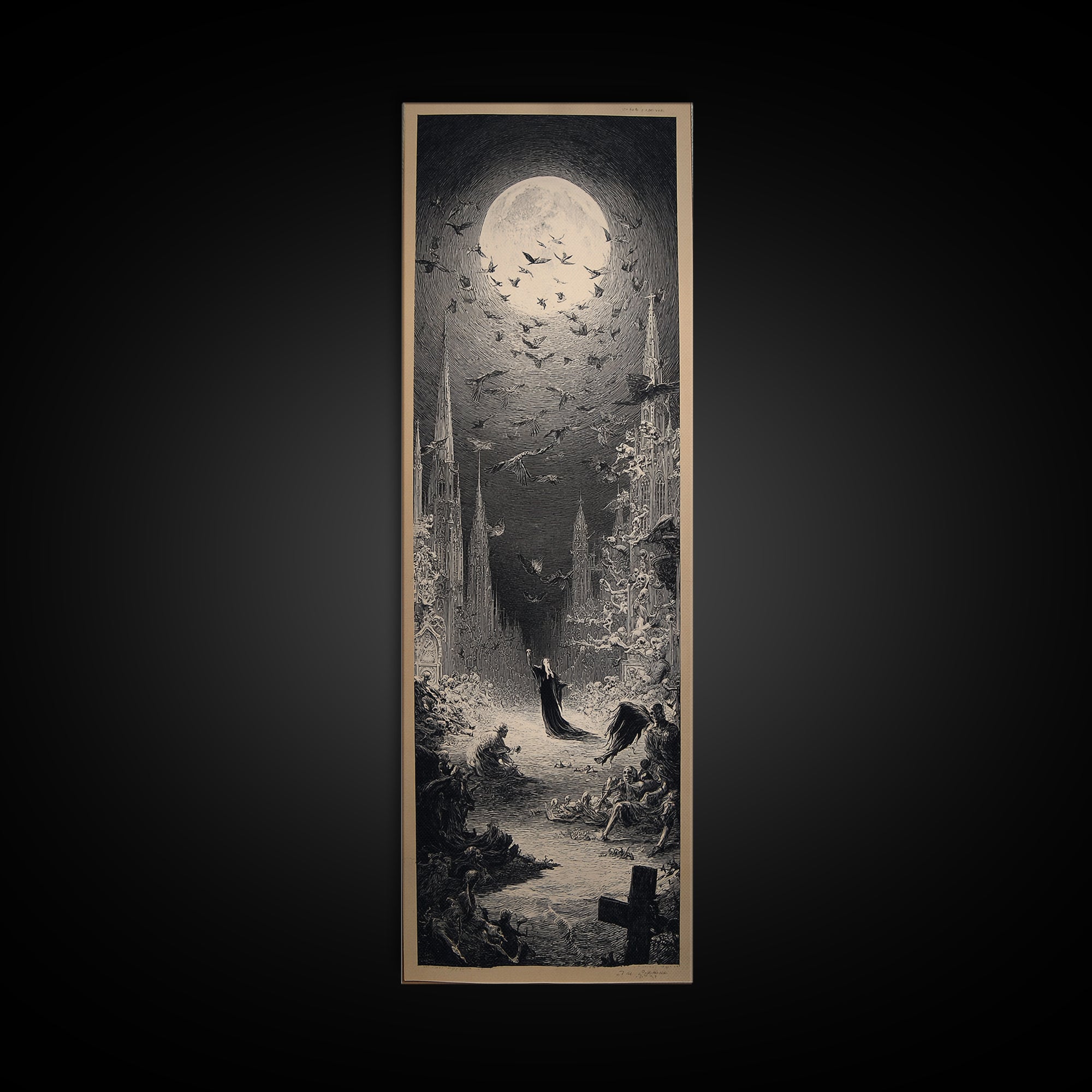 The Graveyard Dance, Gothic Engraving Art, Tall Narrow Wall Art, Dark Halloween Decor, Canvas Print, Halloween Wall Art
