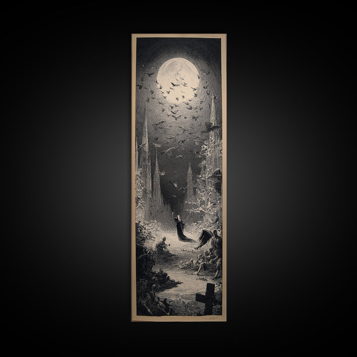 The Graveyard Dance, Gothic Engraving Art, Tall Narrow Wall Art, Dark Halloween Decor, Canvas Print, Halloween Wall Art