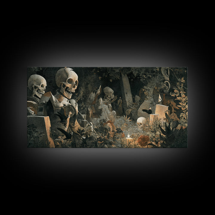 The Graveyard Dance, Medieval Grotesque Art, Wide Panoramic Art, Gothic Horror Wall Art, Framed Canvas Print, Halloween Wall Art