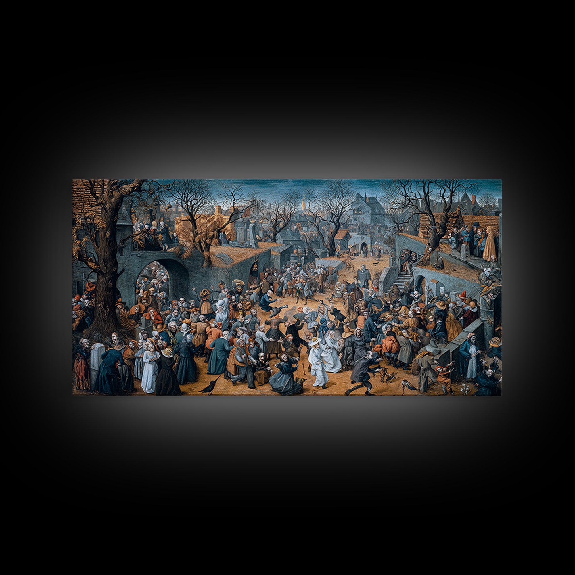 The Graveyard Dance, Northern Renaissance Horror, Wide Panoramic Art, Dark Fantasy Wall Art, Framed Canvas Print