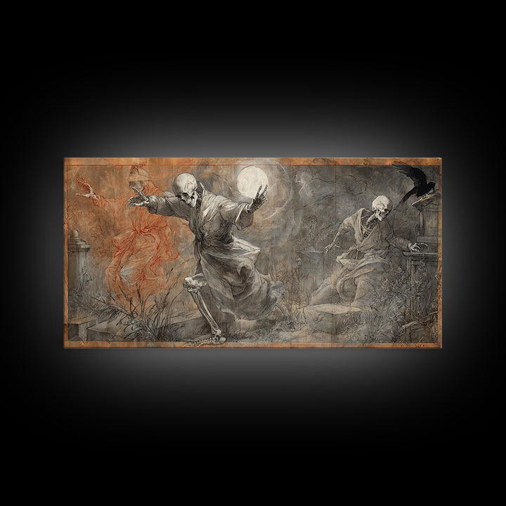 The Graveyard Dance, Dark Renaissance Art, Wide Panoramic Art, Macabre Wall Art, Framed Canvas Print, Halloween Wall Art