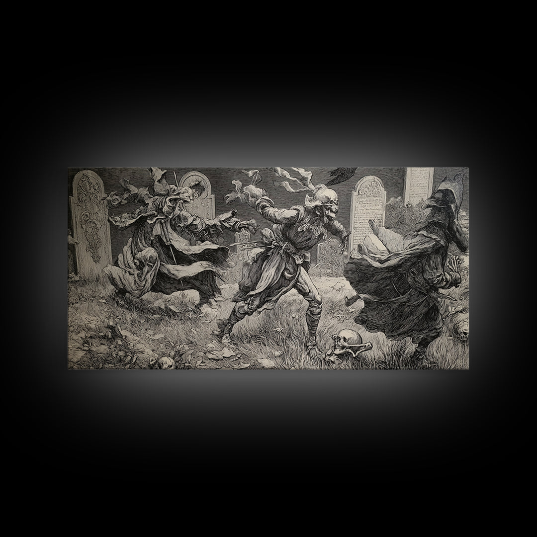 The Graveyard Dance, Renaissance Engraving Art, Wide Panoramic Art, Gothic Horror Wall Art, Canvas Print, Halloween Wall Art