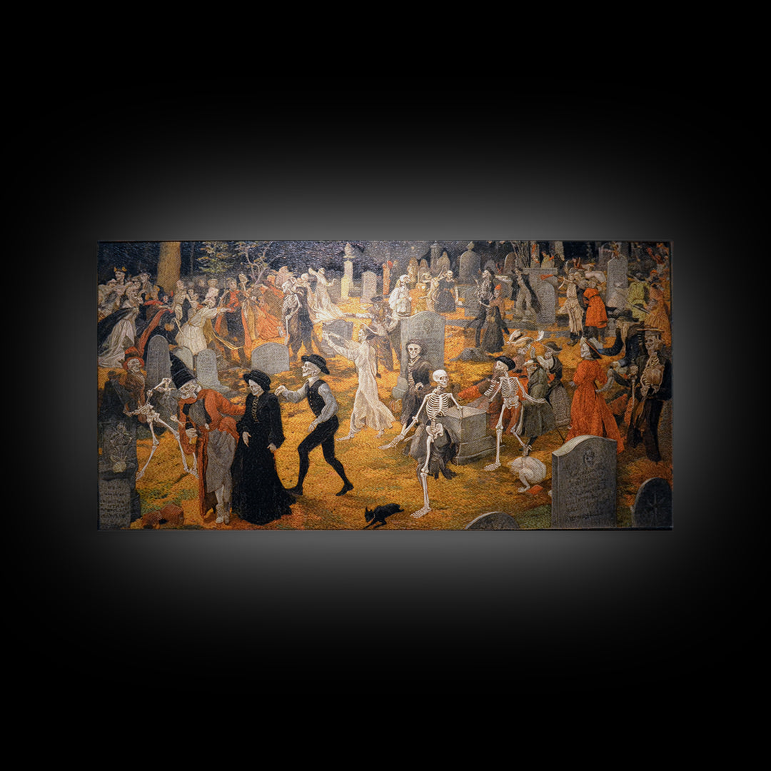The Graveyard Dance, Danse Macabre Art, Wide Panoramic Art, Macabre Wall Art, Canvas Print, Halloween Wall Art