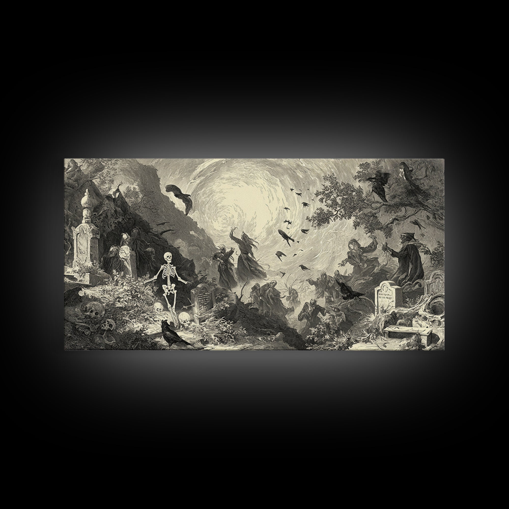 The Graveyard Dance, Baroque Witchcraft Art, Wide Panoramic Art, Gothic Horror Wall Art, Framed Canvas Print, Halloween Wall Art