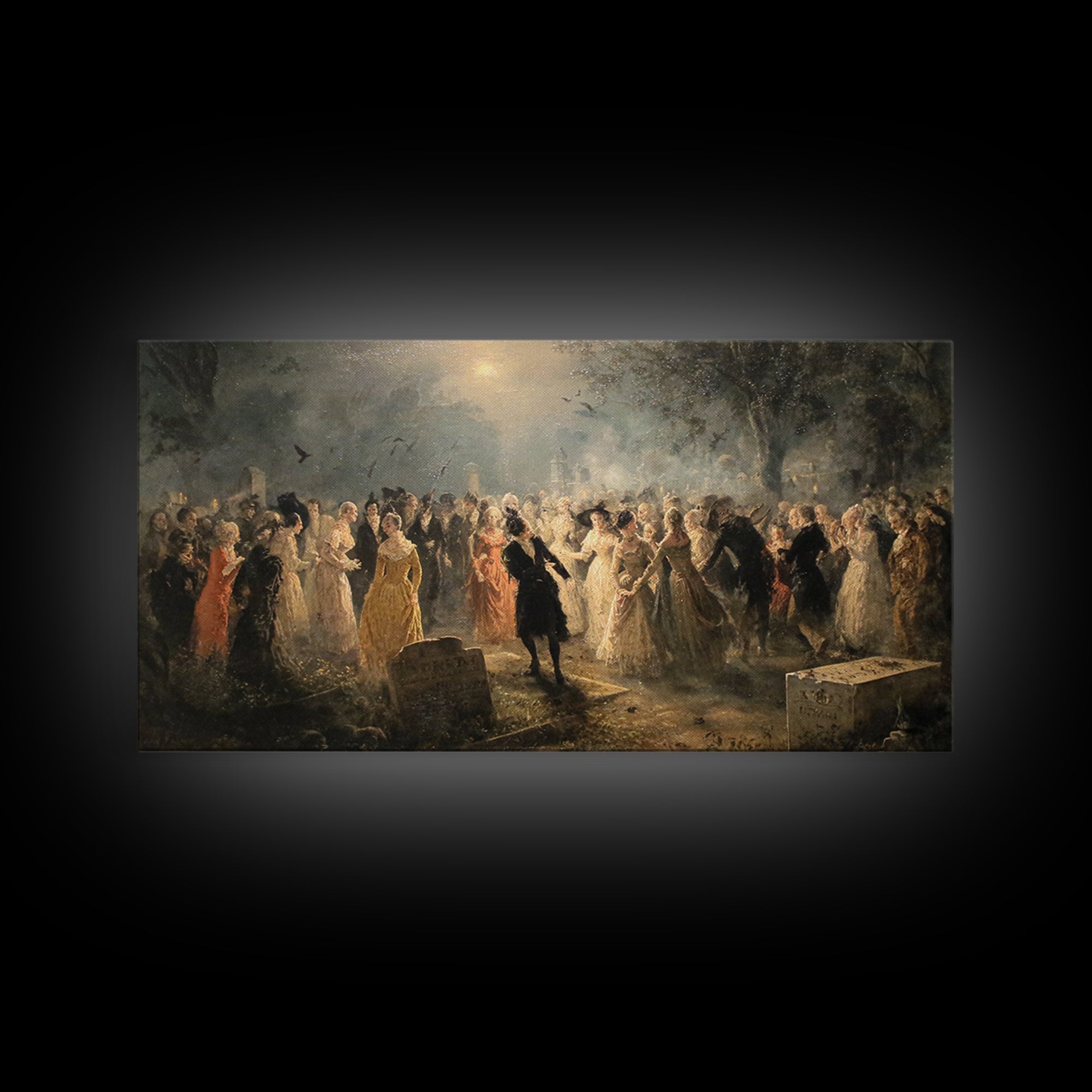 The Graveyard Dance, Dark Romantic Horror Art, Wide Panoramic Art, Macabre Wall Art, Canvas Print, Halloween Wall Art, Gothic Home Decor