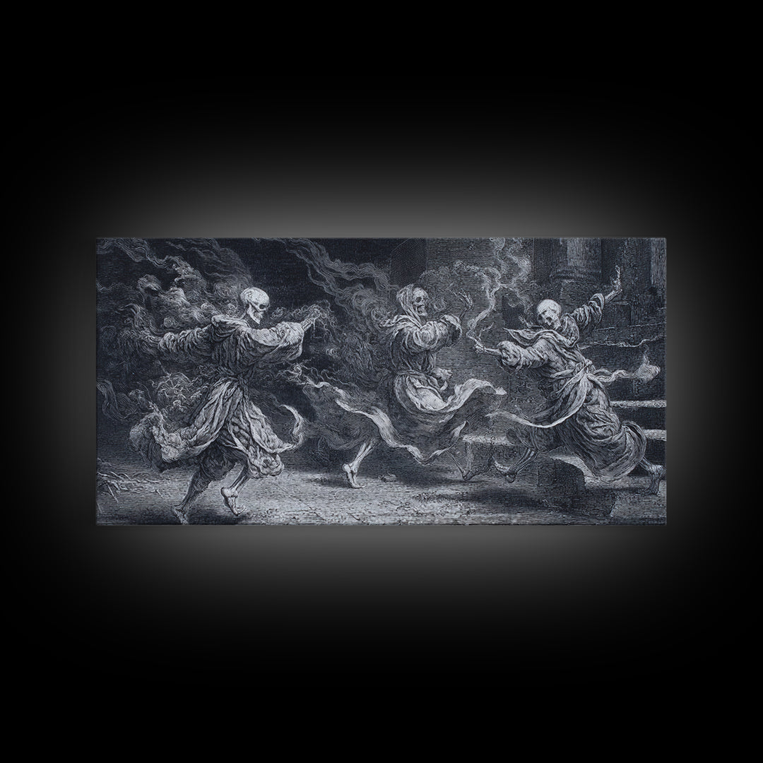 The Graveyard Dance, Architectural Etching Art, Wide Panoramic Art, Gothic Horror Wall Art, Framed Canvas Print