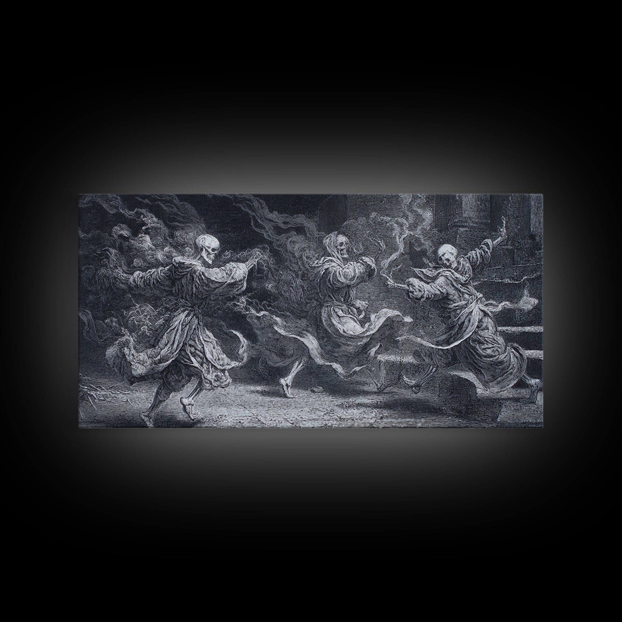 The Graveyard Dance, Architectural Etching Art, Wide Panoramic Art, Gothic Horror Wall Art, Framed Canvas Print