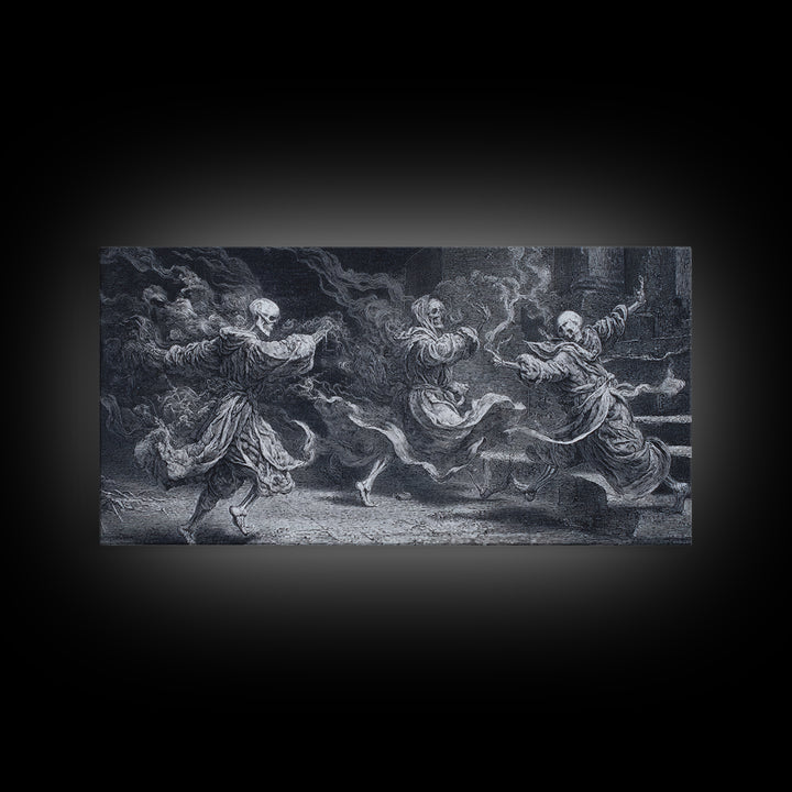 The Graveyard Dance, Architectural Etching Art, Wide Panoramic Art, Gothic Horror Wall Art, Framed Canvas Print