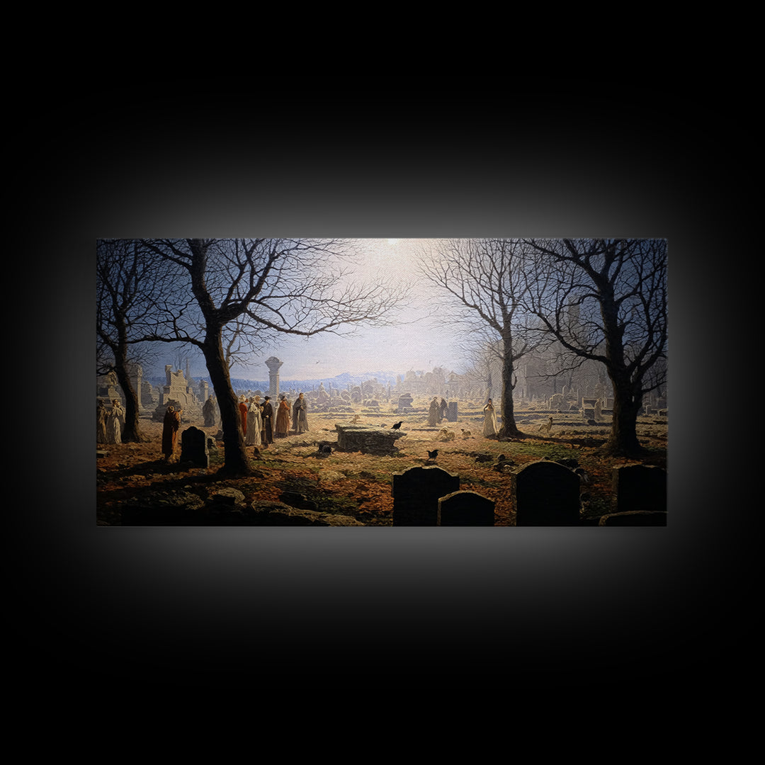 The Graveyard Dance, Romantic Gothic Landscape, Wide Panoramic Art, Dark Fantasy Wall Art, Canvas Print, Halloween Wall Art