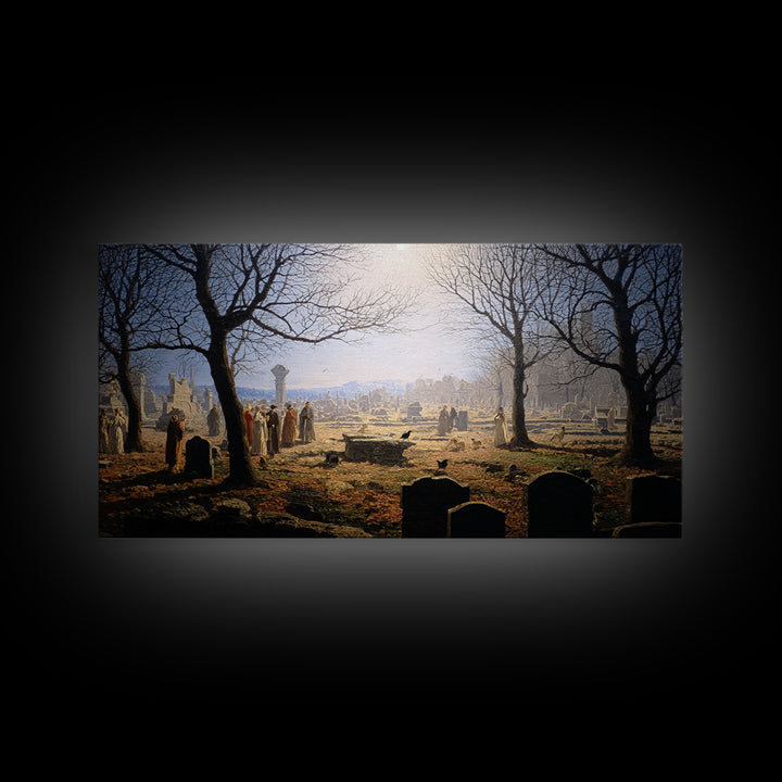 The Graveyard Dance, Romantic Gothic Landscape, Wide Panoramic Art, Dark Fantasy Wall Art, Canvas Print, Halloween Wall Art