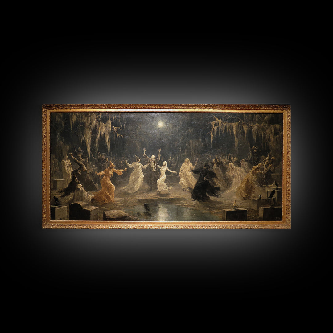 The Graveyard Dance, Symbolist Gothic Landscape, Wide Panoramic Art, Macabre Wall Art, Framed Canvas Print, Halloween Wall Art