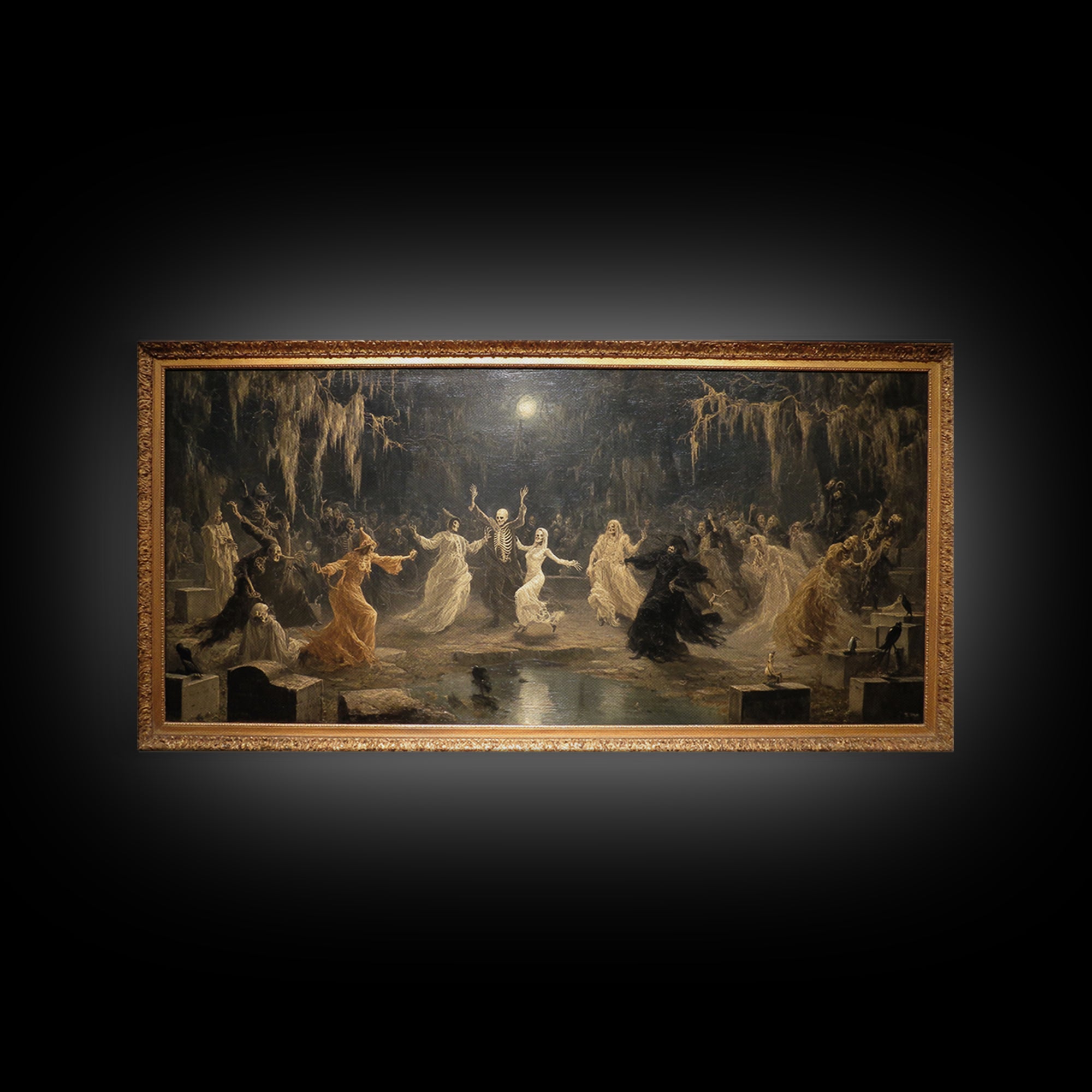 The Graveyard Dance, Symbolist Gothic Landscape, Wide Panoramic Art, Macabre Wall Art, Framed Canvas Print, Halloween Wall Art
