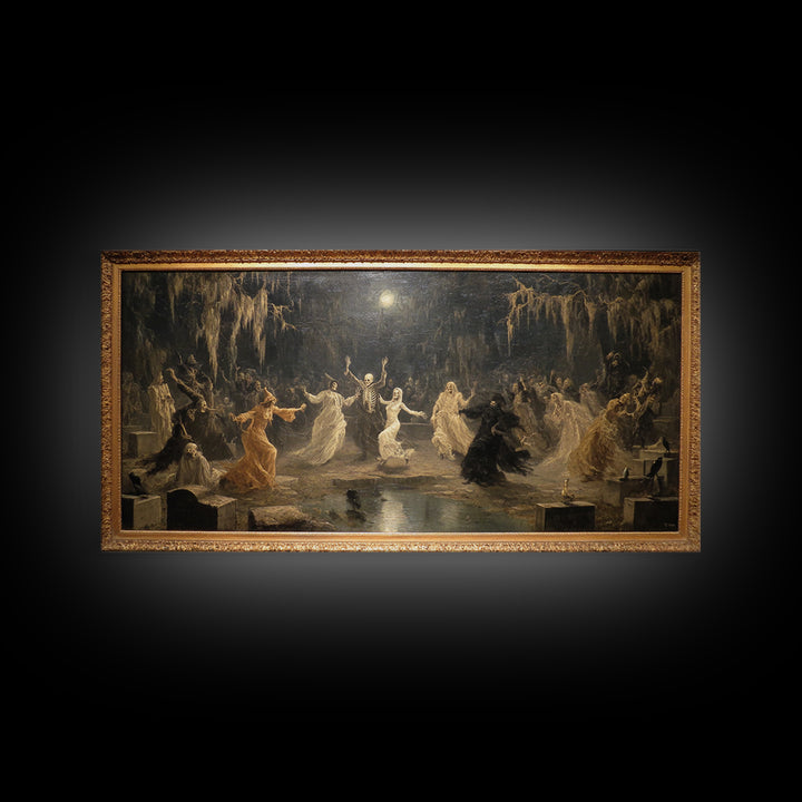The Graveyard Dance, Symbolist Gothic Landscape, Wide Panoramic Art, Macabre Wall Art, Framed Canvas Print, Halloween Wall Art