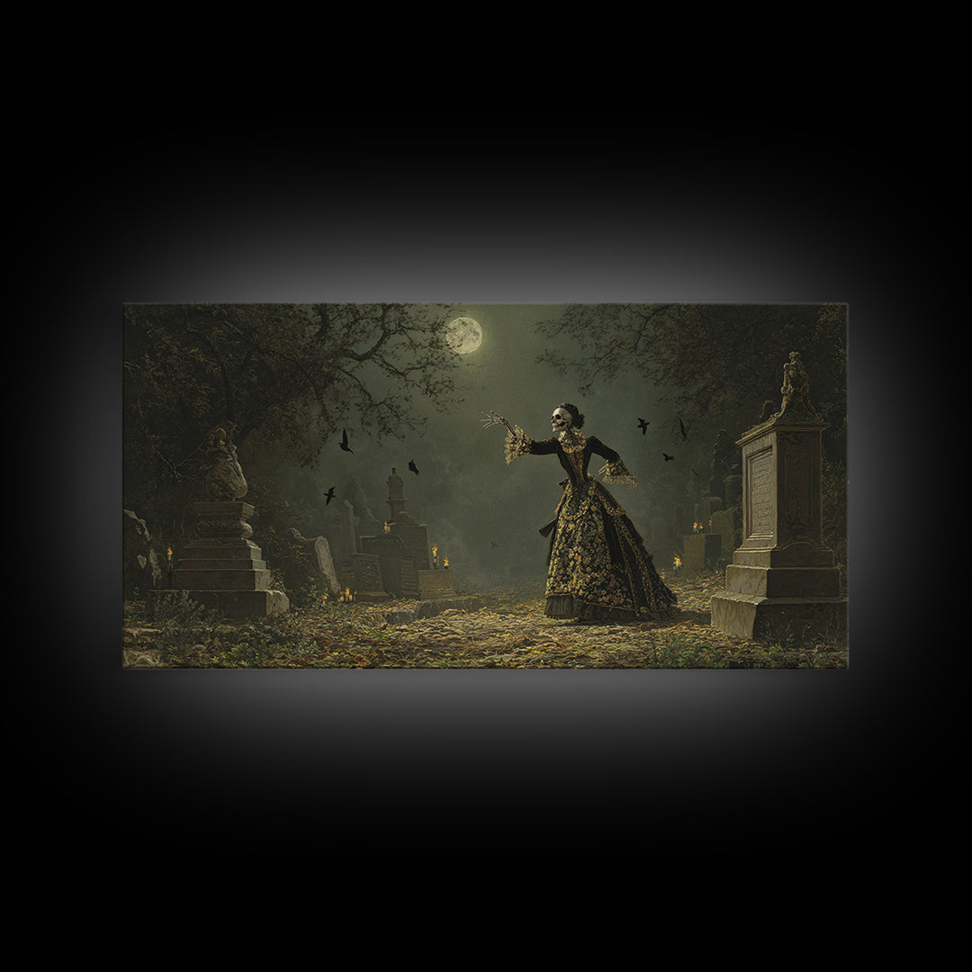 The Graveyard Dance, Ornate Symbolist Art, Wide Panoramic Art, Dark Fantasy Wall Art, Canvas Print, Halloween Wall Art