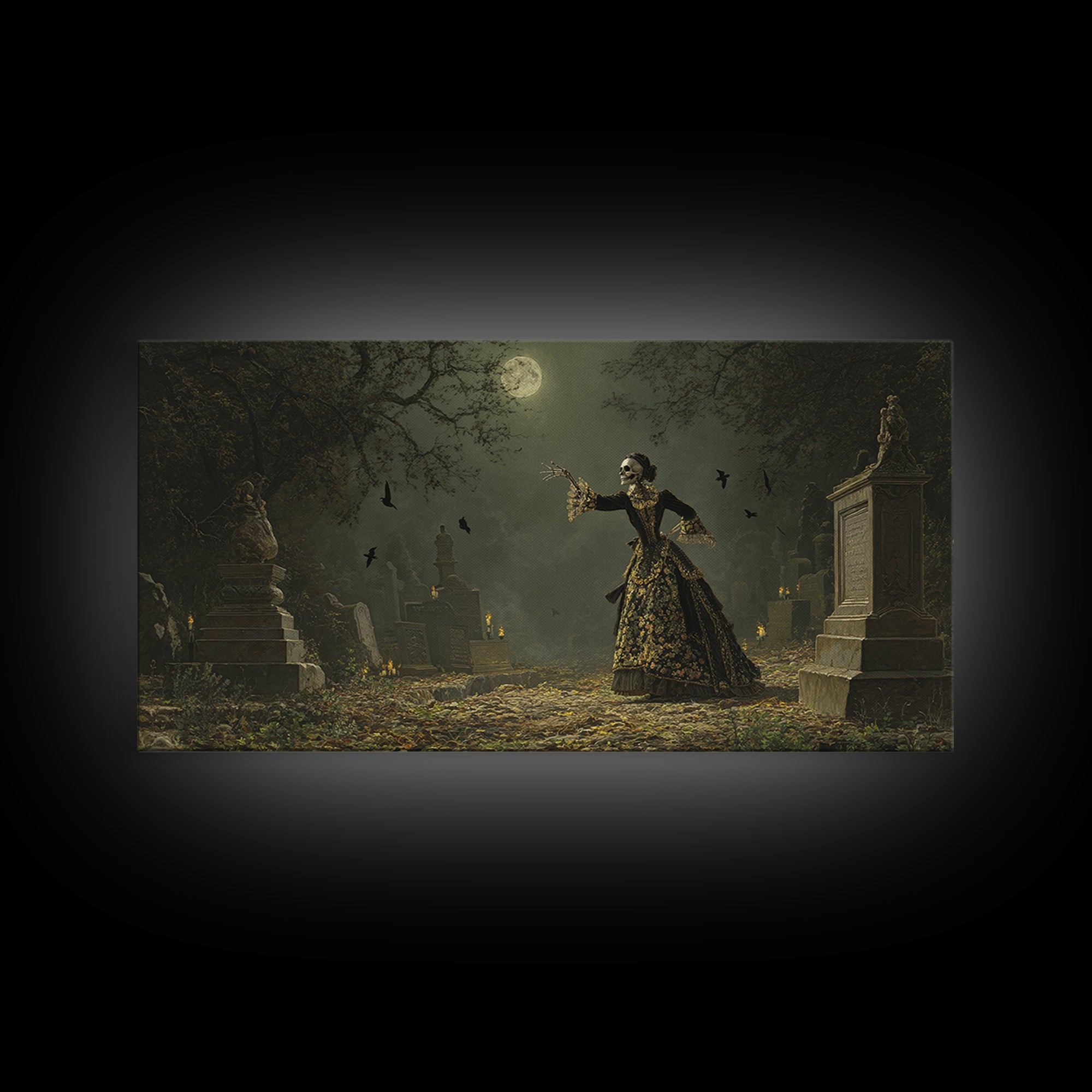 The Graveyard Dance, Ornate Symbolist Art, Wide Panoramic Art, Dark Fantasy Wall Art, Canvas Print, Halloween Wall Art