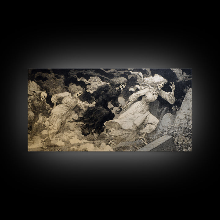 The Graveyard Dance, Decadent Gothic Art, Wide Panoramic Art, Macabre Wall Art, Canvas Print, Halloween Wall Art