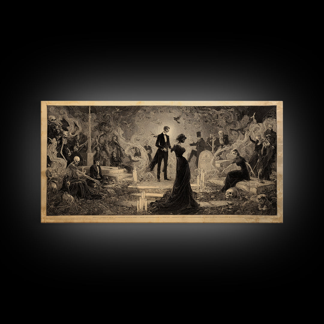 The Graveyard Dance, Dark Symbolist Art, Wide Panoramic Art, Dark Halloween Decor, Framed Canvas Print, Halloween Wall Art