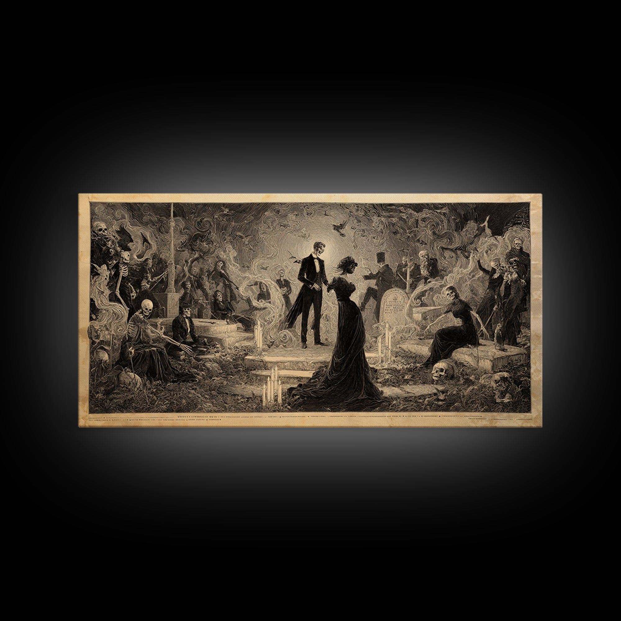 The Graveyard Dance, Dark Symbolist Art, Wide Panoramic Art, Dark Halloween Decor, Framed Canvas Print, Halloween Wall Art