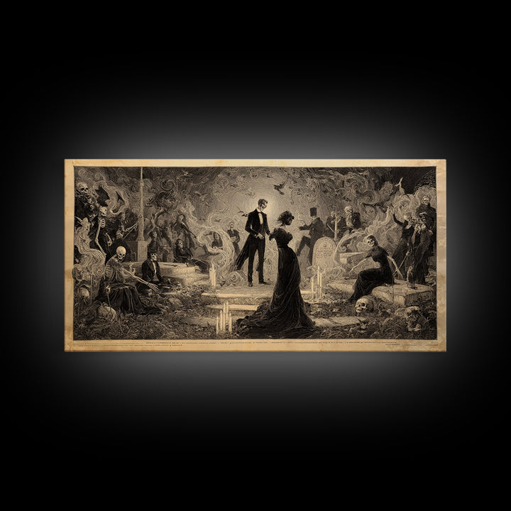 The Graveyard Dance, Dark Symbolist Art, Wide Panoramic Art, Dark Halloween Decor, Framed Canvas Print, Halloween Wall Art