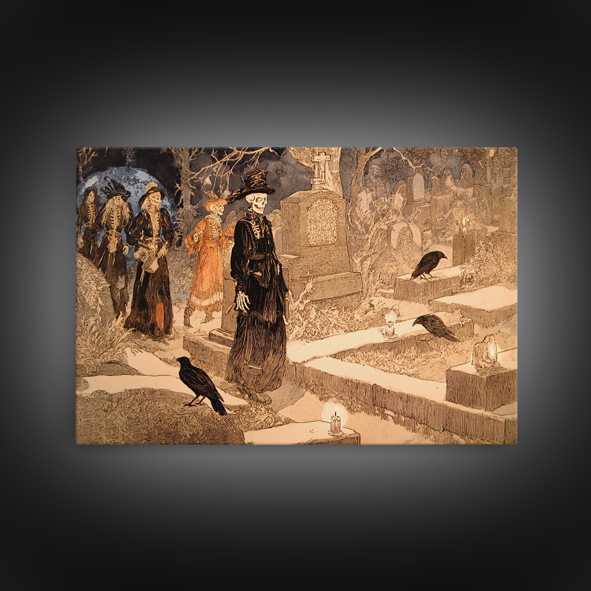The Graveyard Dance, Symbolist Etching Art, Landscape Wall Art, Gothic Horror Wall Art, Framed Canvas Print, Halloween Wall Art