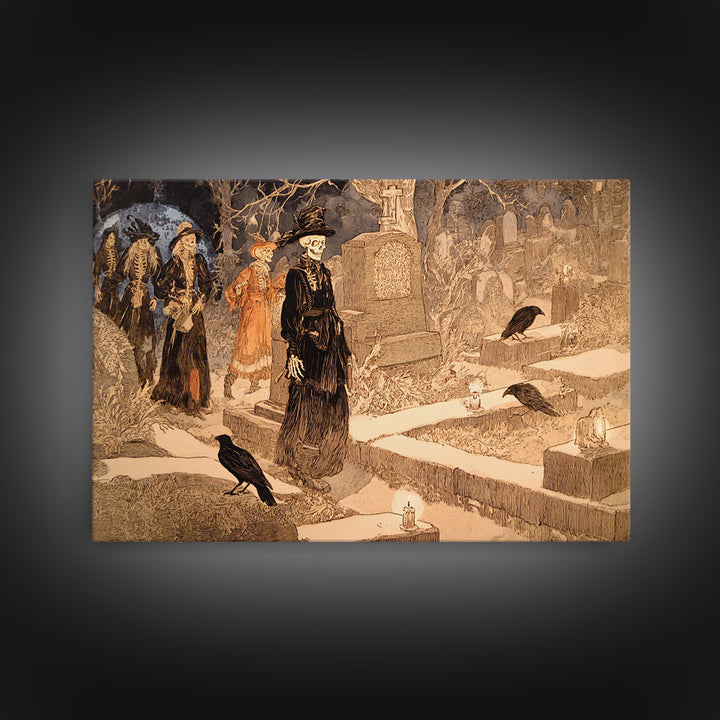 The Graveyard Dance, Symbolist Etching Art, Landscape Wall Art, Gothic Horror Wall Art, Framed Canvas Print, Halloween Wall Art