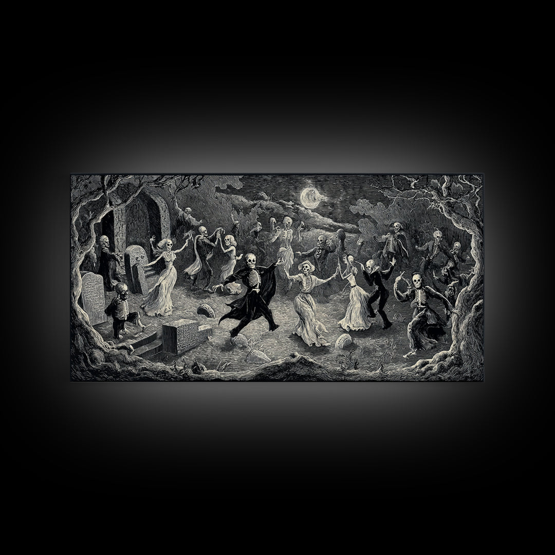 The Graveyard Dance, Expressionist Nightmare Art, Wide Panoramic Art, Dark Fantasy Wall Art, Framed Canvas Print, Halloween Wall Art