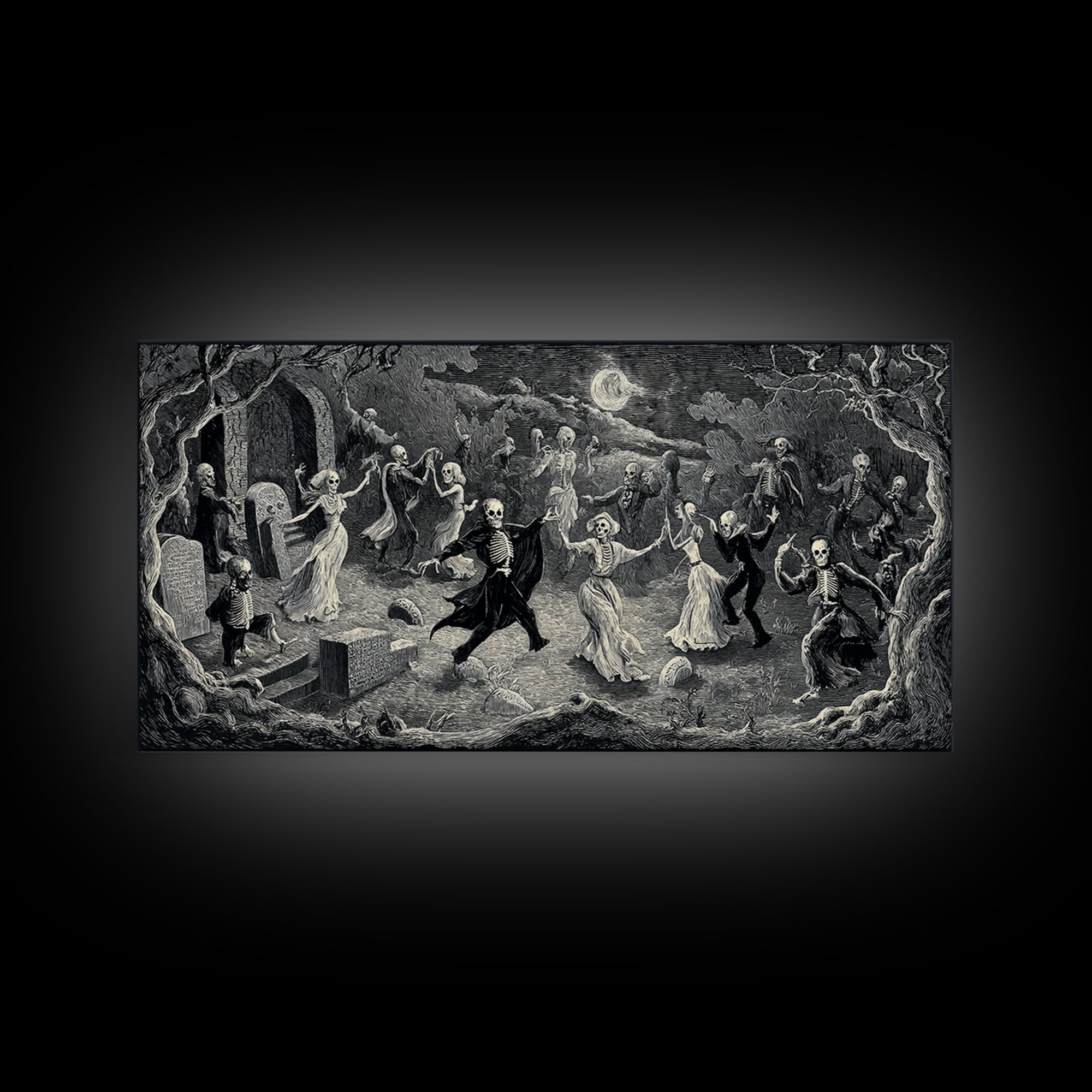 The Graveyard Dance, Expressionist Nightmare Art, Wide Panoramic Art, Dark Fantasy Wall Art, Framed Canvas Print, Halloween Wall Art