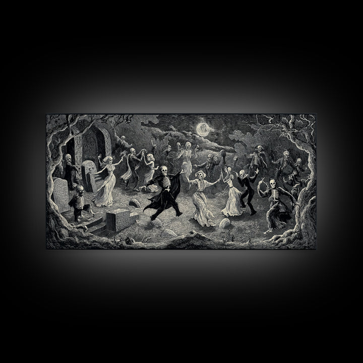 The Graveyard Dance, Expressionist Nightmare Art, Wide Panoramic Art, Dark Fantasy Wall Art, Framed Canvas Print, Halloween Wall Art