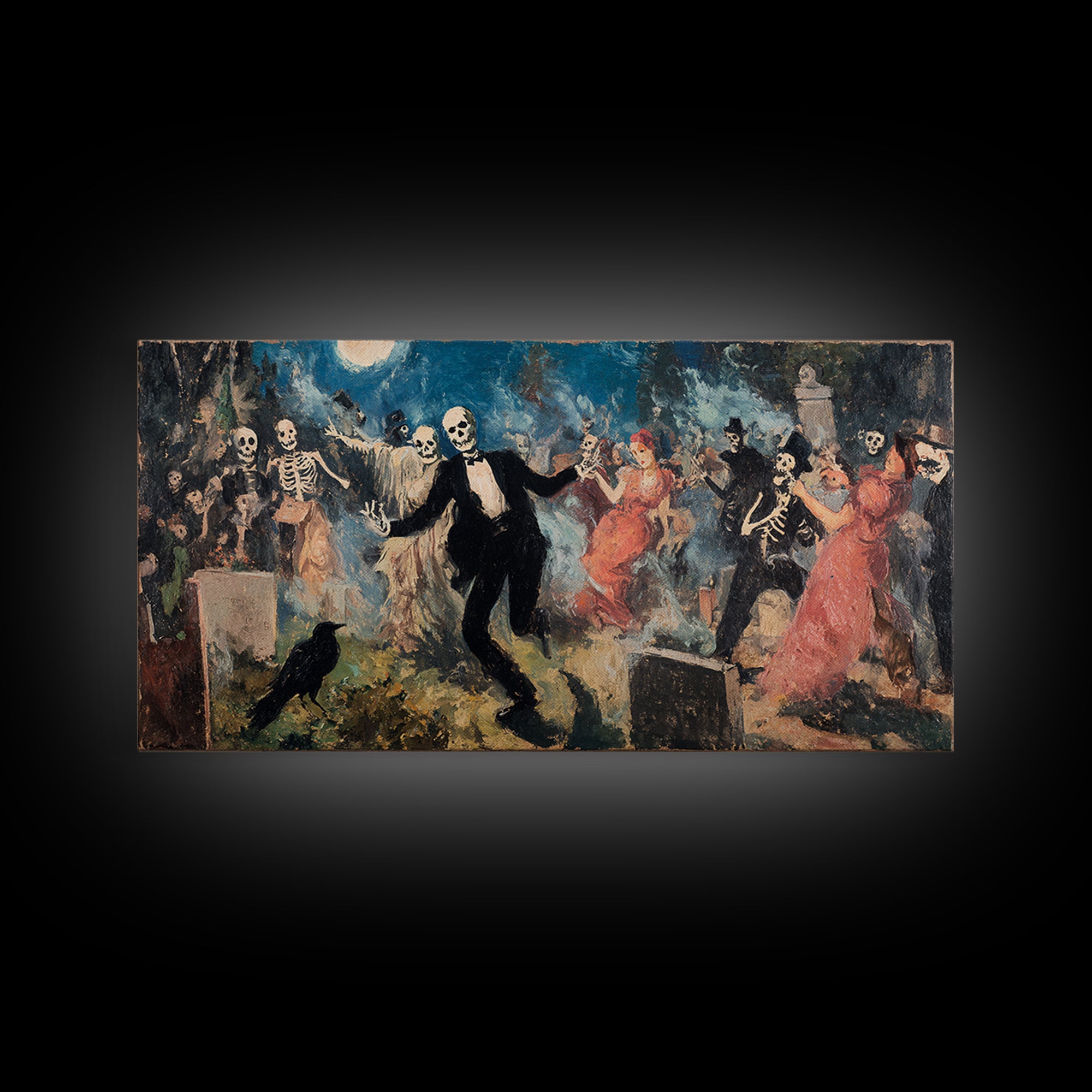 The Graveyard Dance, Grotesque Carnival Art, Wide Panoramic Art, Gothic Horror Wall Art, Canvas Print, Halloween Wall Art