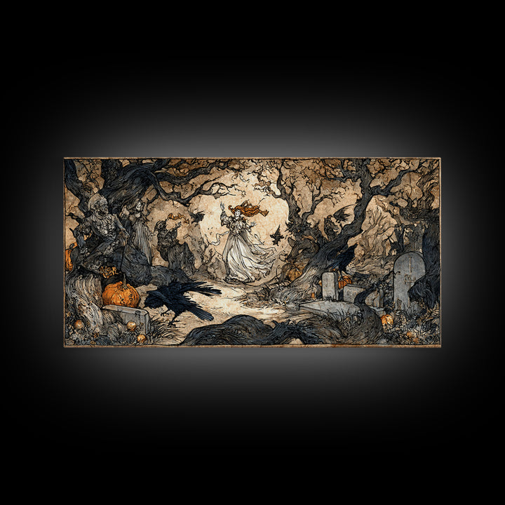 The Graveyard Dance, Gothic Storybook Art, Wide Panoramic Art, Dark Halloween Decor, Canvas Print, Halloween Wall Art