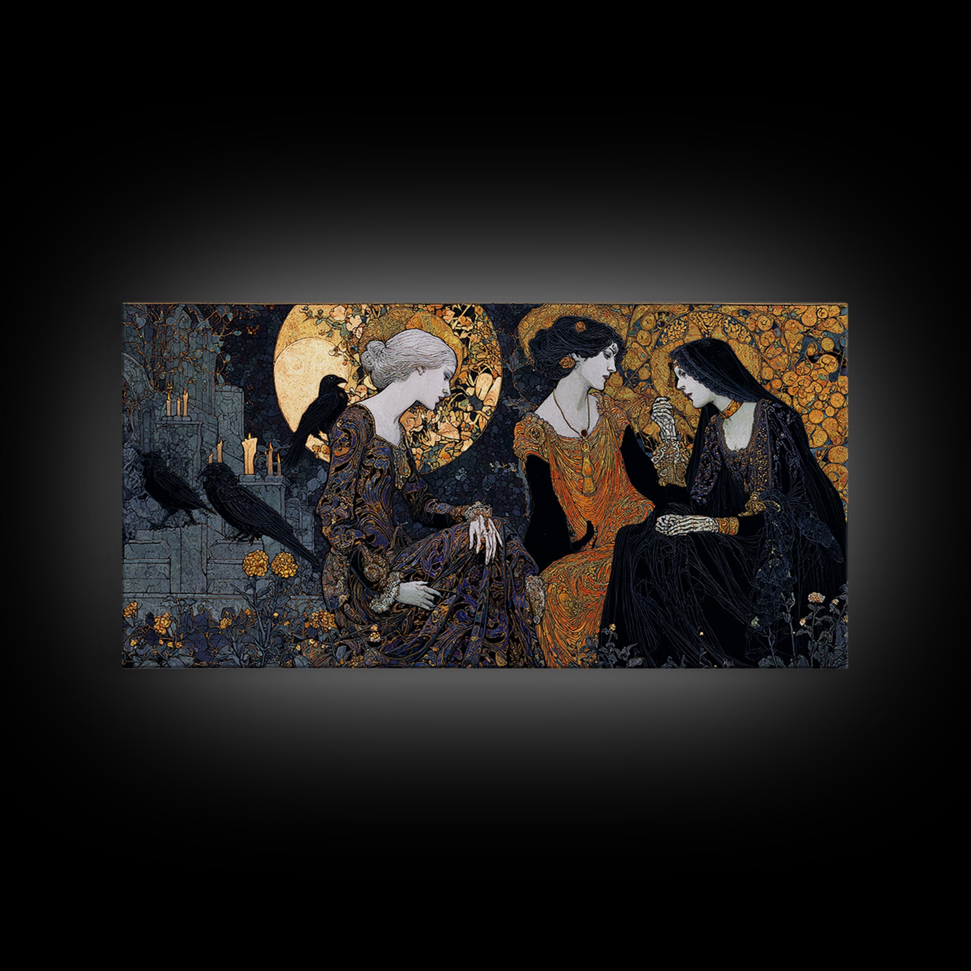 The Graveyard Dance, Stained Glass Gothic Art, Wide Panoramic Art, Dark Halloween Decor, Framed Canvas Print, Halloween Wall Art