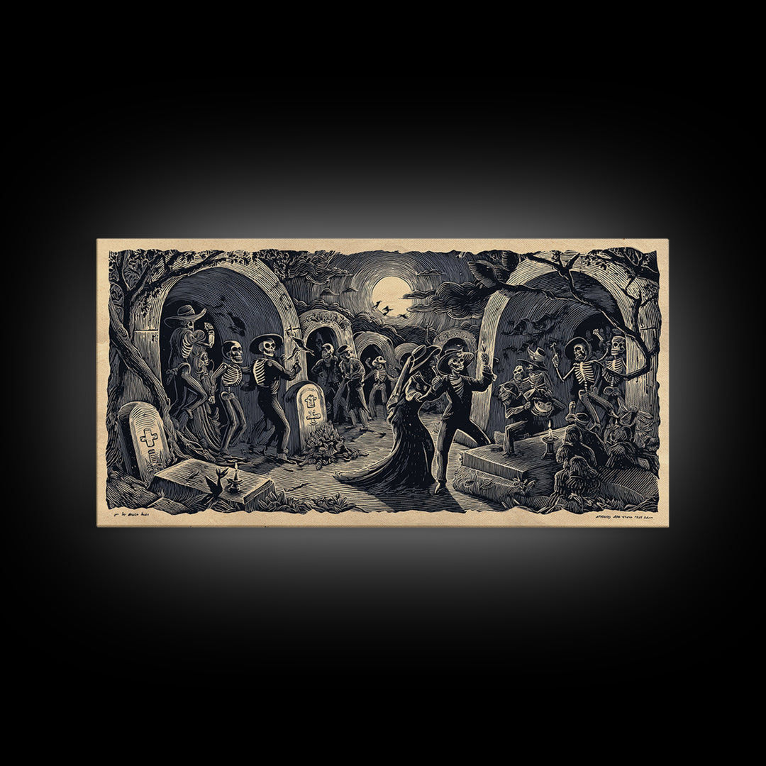 The Graveyard Dance, Macabre Folk Print Art, Wide Panoramic Art, Macabre Wall Art, Canvas Print, Halloween Wall Art