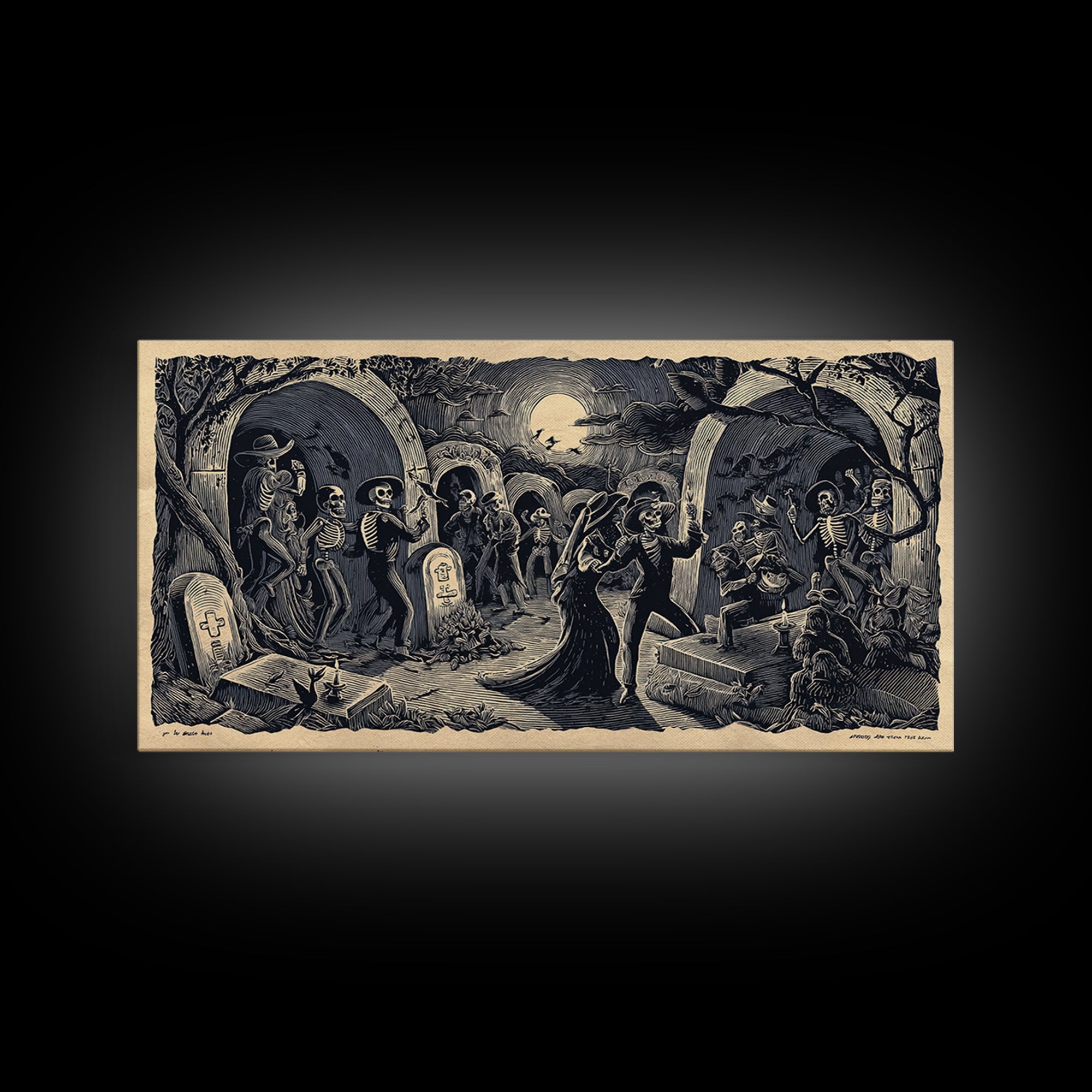 The Graveyard Dance, Macabre Folk Print Art, Wide Panoramic Art, Macabre Wall Art, Canvas Print, Halloween Wall Art