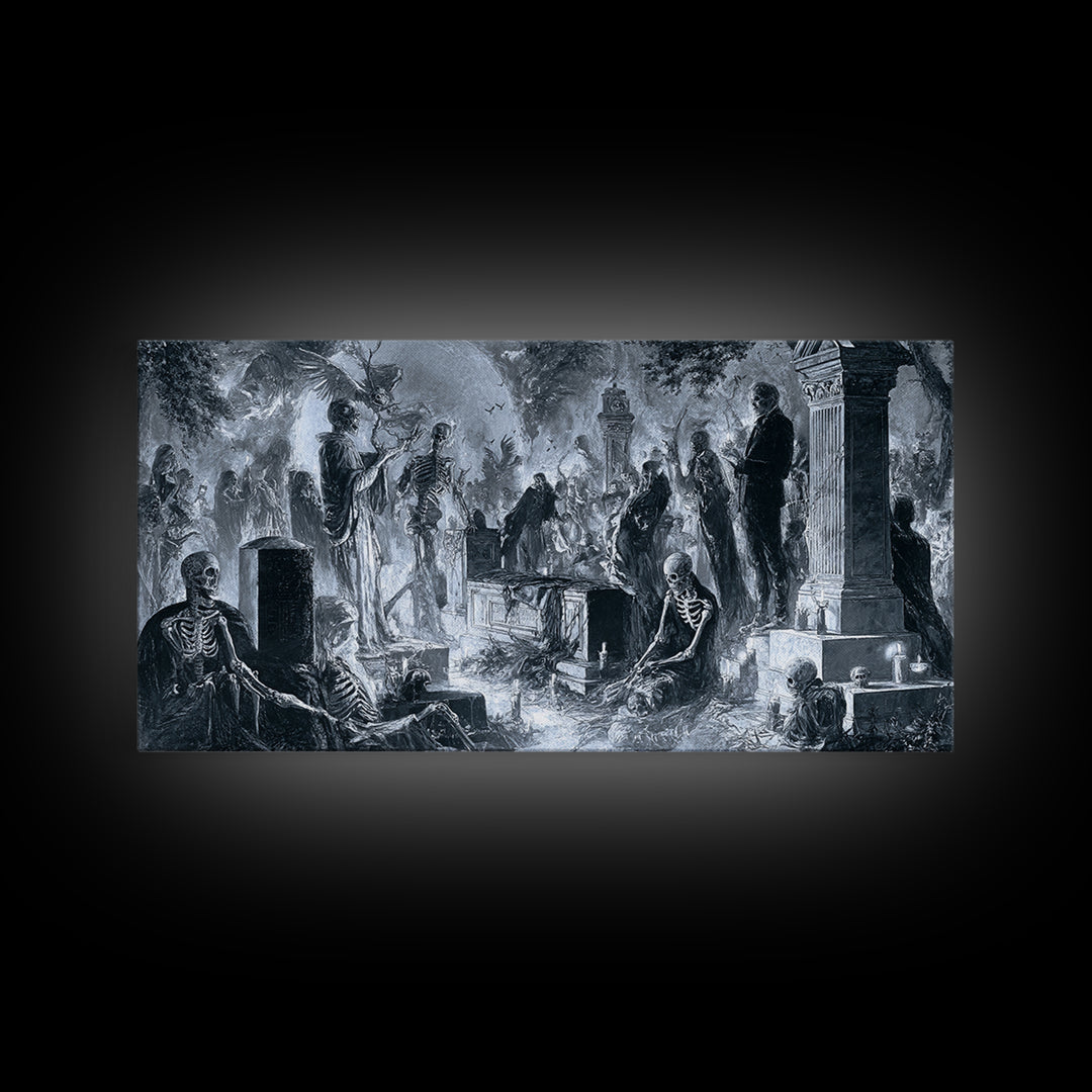 The Graveyard Dance, Biomechanical Horror Art, Wide Panoramic Art, Macabre Wall Art, Framed Canvas Print, Halloween Wall Art